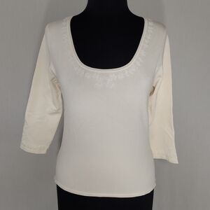 Il gilet Silk Knit Top Medium Beaded Scoop Neck Elbow Sleeve Stretch Swearwe